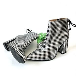 Anthropologie Metallic Check Pointed Toe Ankle Boot Silver Black Block Heel 36